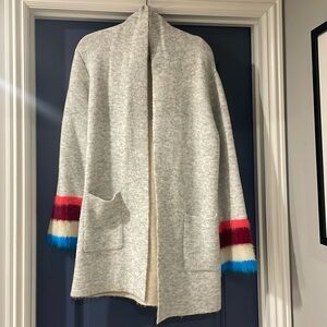 Soft gray open cardigan with fun colorful sleeves
